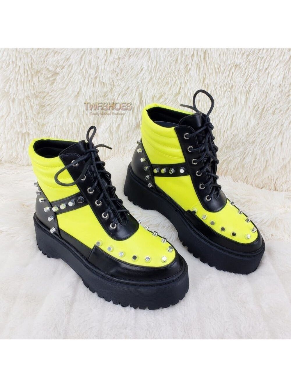 NEW Emo Punk Studded Combat Platform Sneaker Boots Lime Black